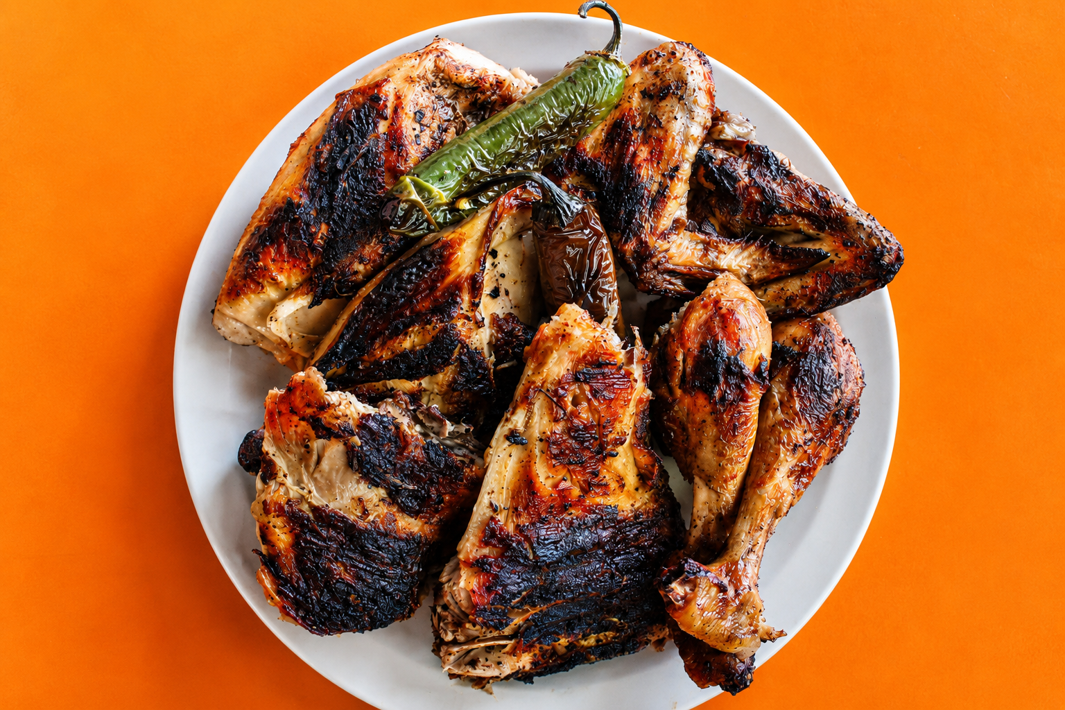 Pollo asado Tío Pollo sobre fondo naranja